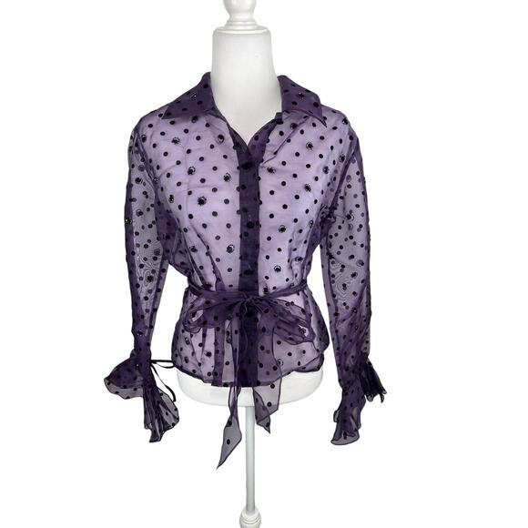 JS Boutique Purple Sheer Polkadot Tie Blouse Top - Picture 1 of 10